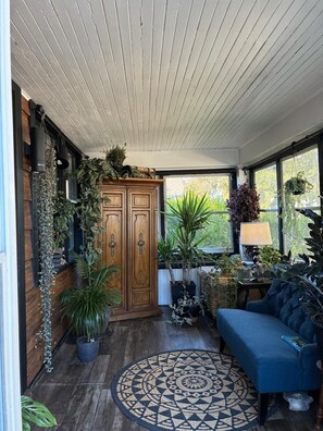Ein Zimmer mit einem Holzkasten, einem blauen Sofa, einem gemusterten Teppich und verschiedenen Blumentöpfen.