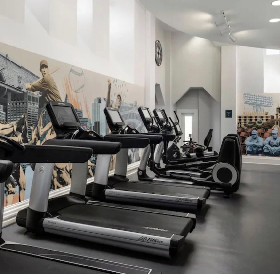 A gym with treadmills, stationary bikes, and weights.
