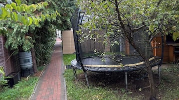 A brick pathway leading to a trampoline in a garden area with trees and a fence in the background.