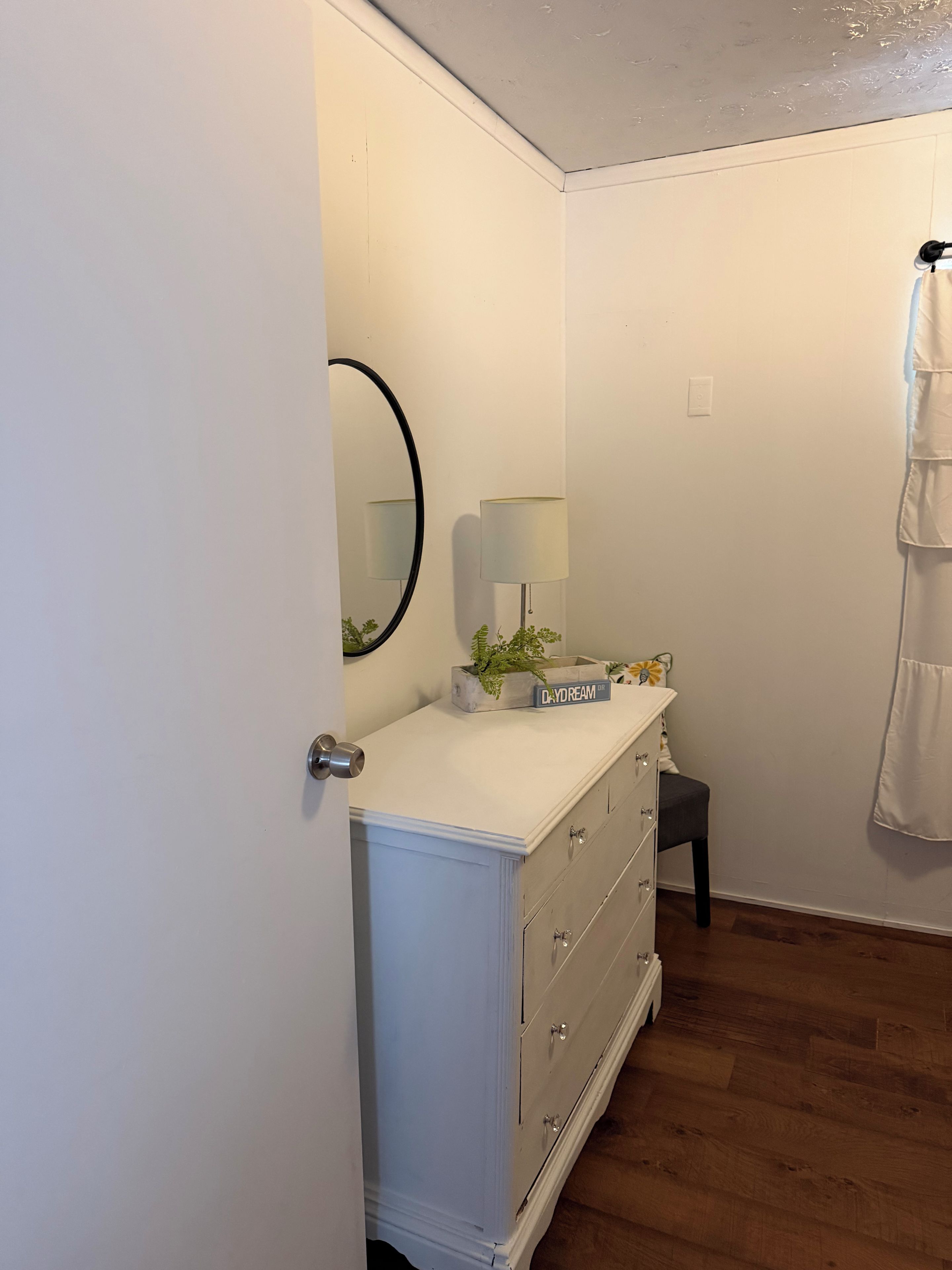 A white dresser with drawers, a mirror, a lamp, and a small plant.