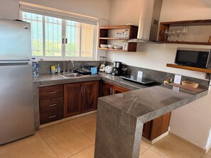 A modern kitchen with a refrigerator, sink, and microwave. - Beautiful BEACHFRONT apartment for 4 people with a spectacular view. (Zihuatanejo)