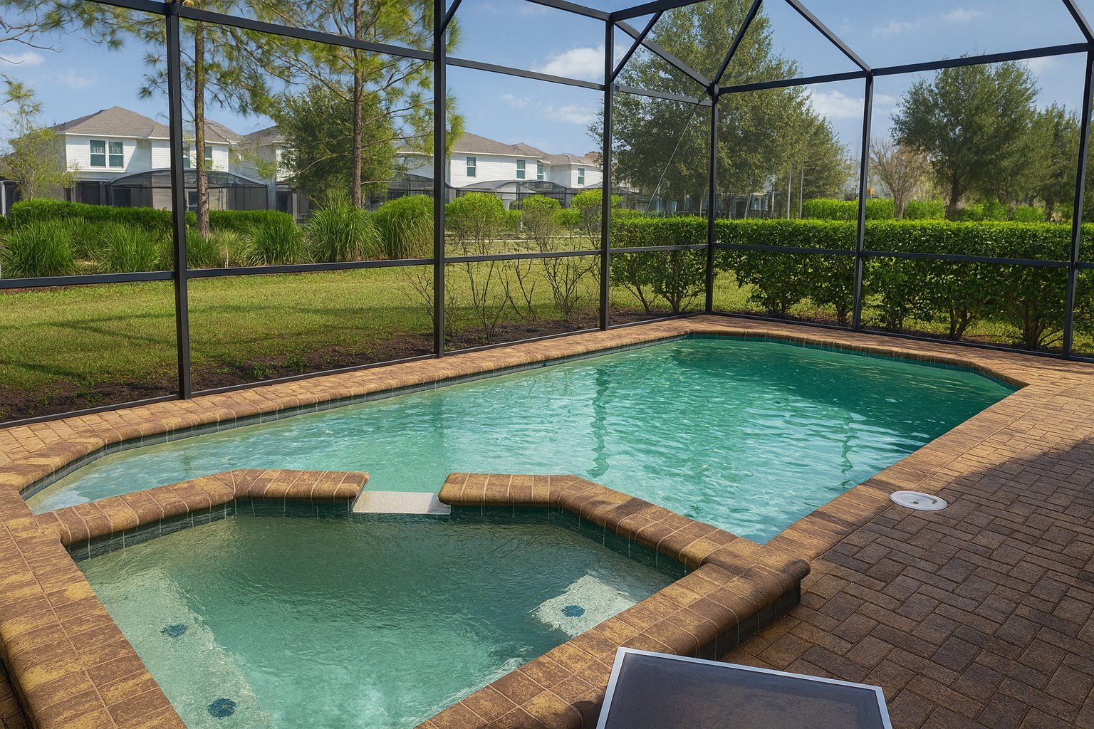Una piscina rectangular con borde de ladrillo y zona de jacuzzi, rodeada por un recinto de cristal con vistas a casas y árboles.