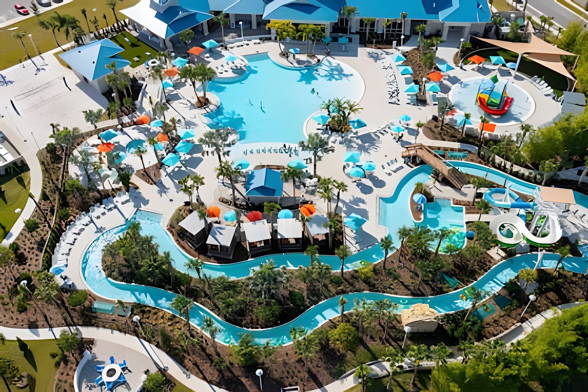 An aerial view of a resort with multiple swimming pools, water slides, and lounge areas.