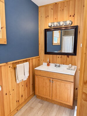 A wooden-paneled bathroom with a white sink, a mirror, and a towel rack. - Hatch's Coop - Awesome lake views, great studio cottage (Cooperstown)
