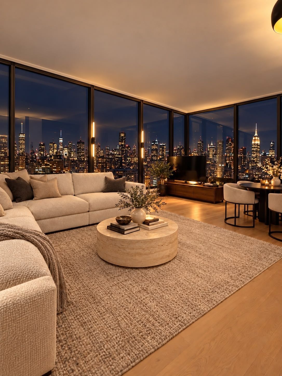 A modern living room with a large window overlooking a cityscape at night.