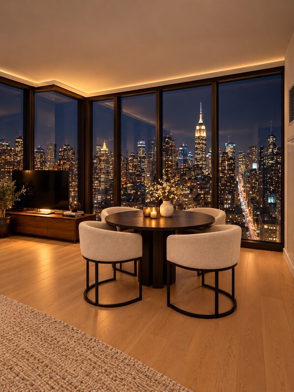 A modern living room with a city view, a round dining table, and comfortable seating.