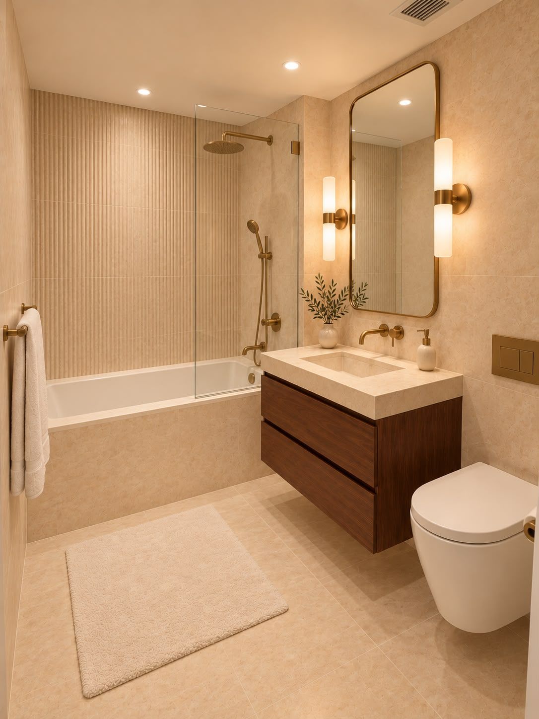 A modern bathroom with a bathtub, a toilet, and a vanity with a mirror.