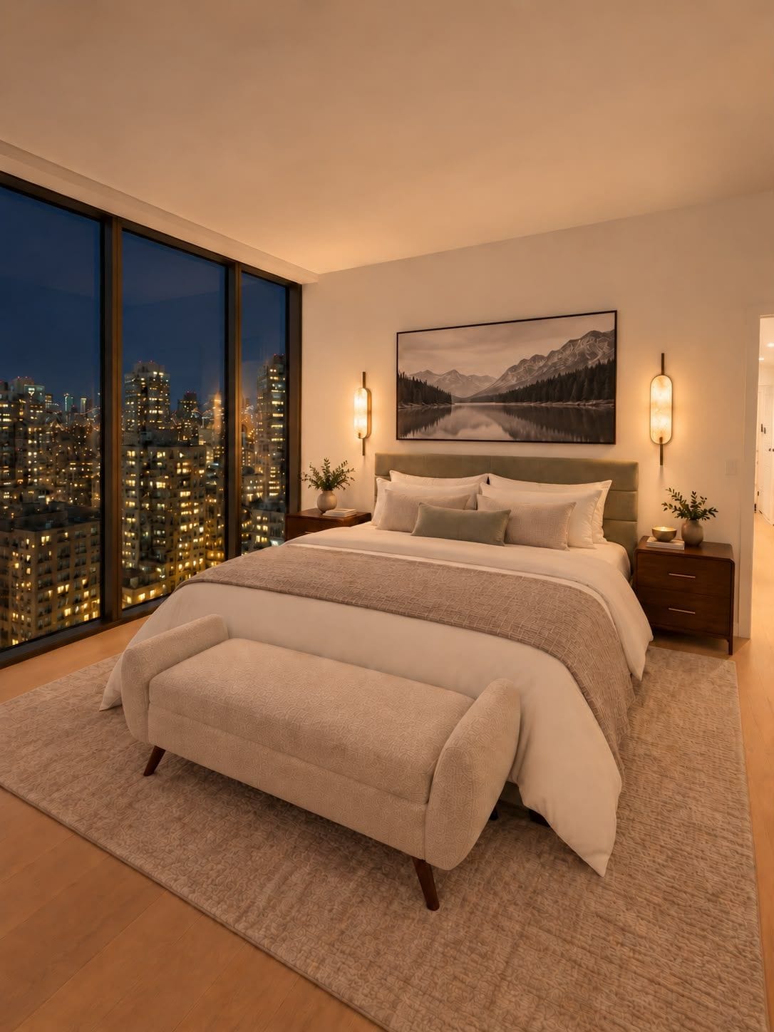 A bedroom with a large bed, a city view through floor-to-ceiling windows, and a mountain landscape painting on the wall.