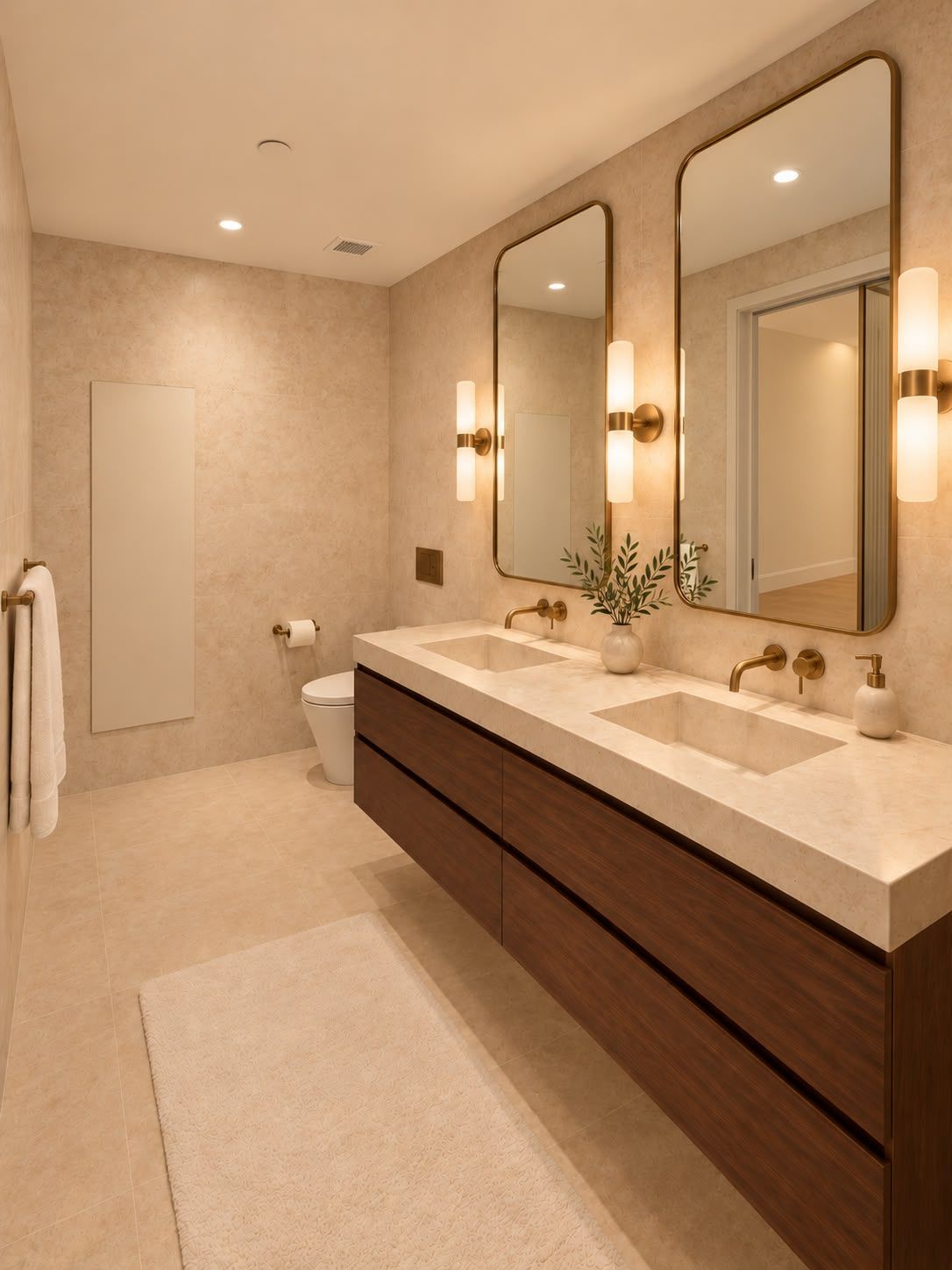 A modern bathroom with a double sink vanity, a toilet, and a large mirror.