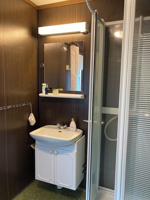 A bathroom with a white sink, a mirror, and a shower enclosure.