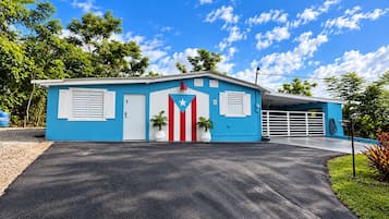 A single-story building with a blue exterior, a white door, and a garage with a white gate.