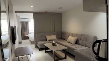 A modern living room with a sofa, a coffee table, and a TV.