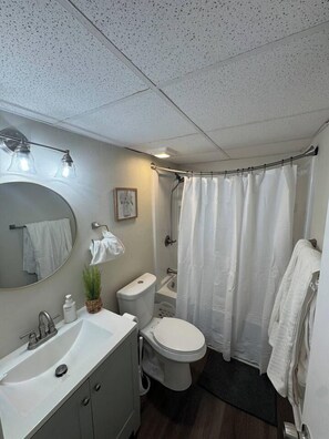 A compact bathroom with a white sink, toilet, and shower curtain. - Nebraska City Nook - Maple (1306 apt 2) (Nebraska City)