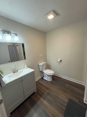 Een badkamer met een wastafel, spiegel, toilet en douchegordijn.