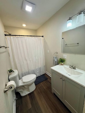 A bathroom with a toilet, sink, mirror, and shower curtain. - Nebraska City Nook - Oak (1310 1st Ave) (Nebraska City)