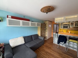 A living room with a grey sofa, a small kitchen area with a microwave, and a wooden floor. - Renovated studio, panoramic view - 4 guests (Pra-Loup)
