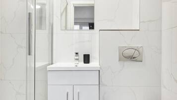 A modern bathroom with a glass shower enclosure, a white vanity with a mirror, and a toilet.