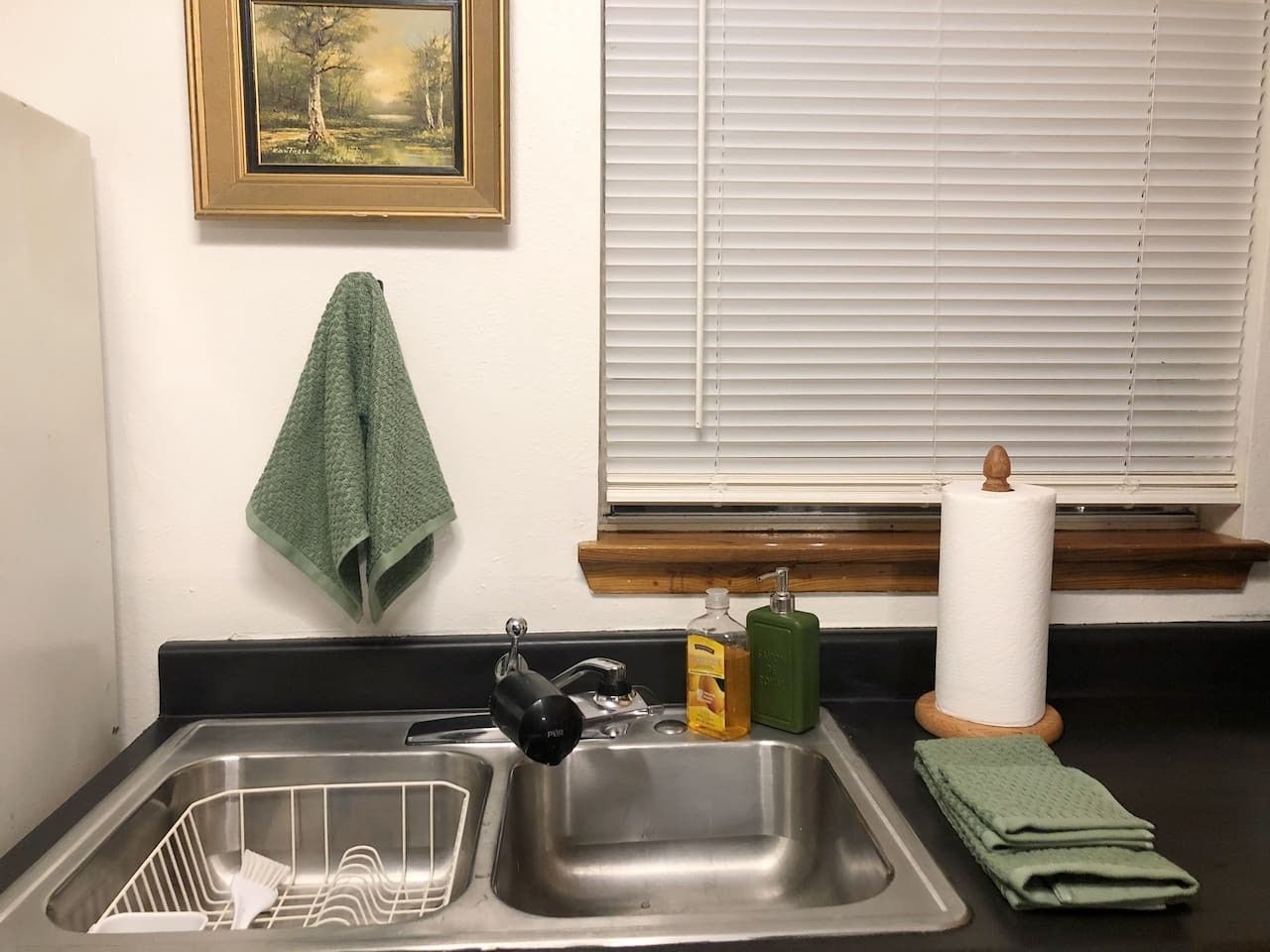 Una cocina con un lavamanos doble, un grifo, un escurreplatos, una toalla verde, una botella de detergente para lavar platos, una botella de jabón de manos y un rollo de servilletas de papel.