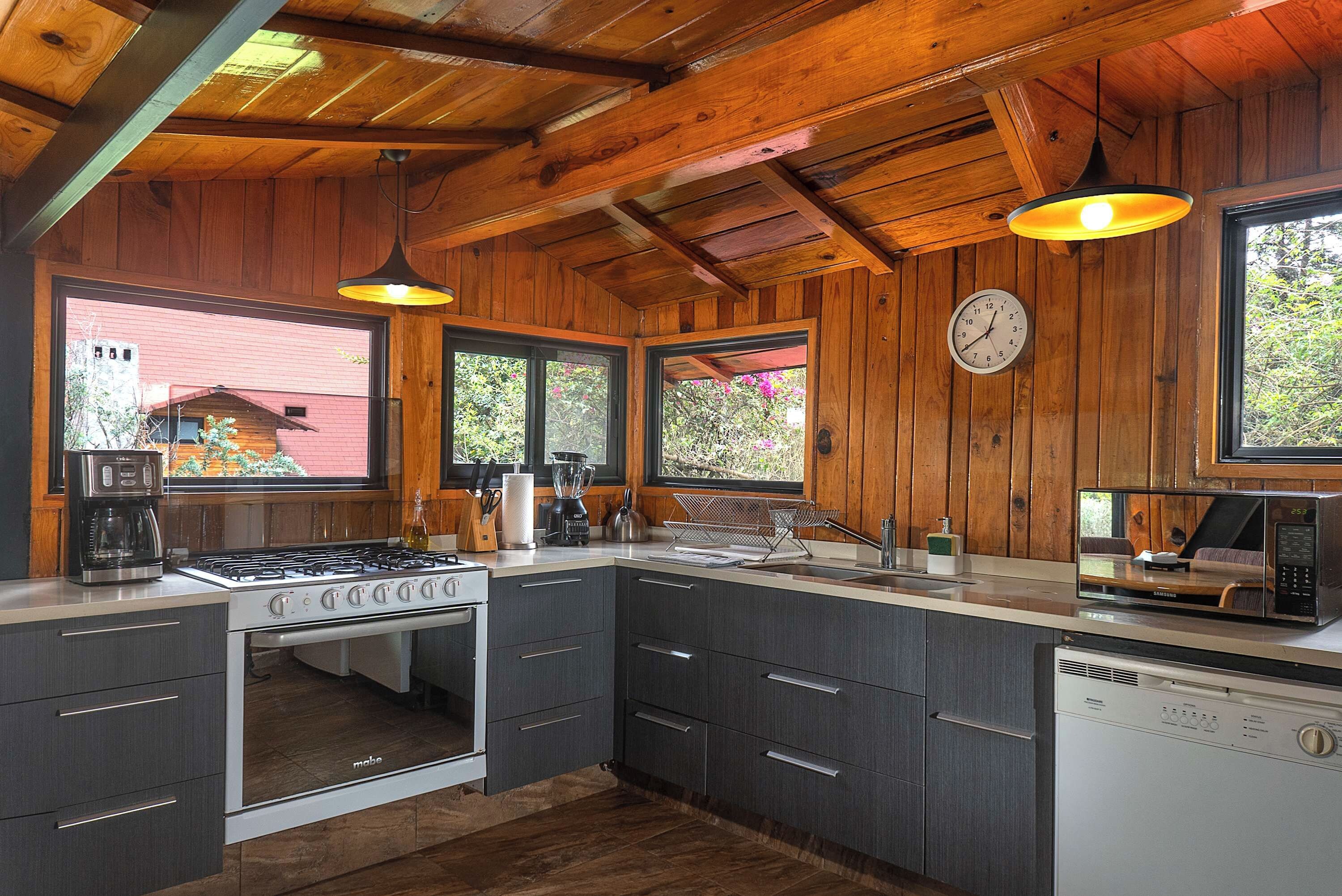 Une cuisine avec des murs en bois, une cuisinière à gaz, un four à micro-ondes et un évier.
