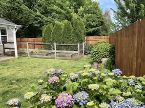 Un jardin avec une clôture en bois, un parterre de fleurs d’hortensias et une terrasse en bois.