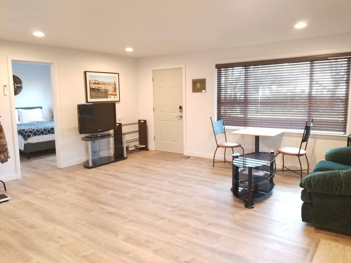 A living room with a flat-screen TV, a dining table with chairs, a green sofa, and a window with blinds.