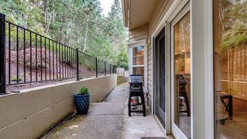 A covered outdoor area with a concrete path, a metal fence, and a potted plant.