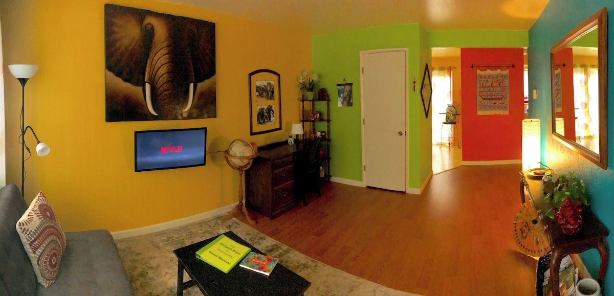 A living room with a sofa, a television, a globe, and a bookshelf.
