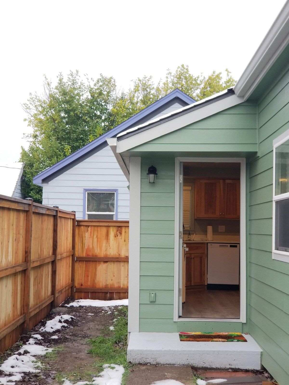 A small house with a green exterior, a wooden fence, and a visible kitchen area.
