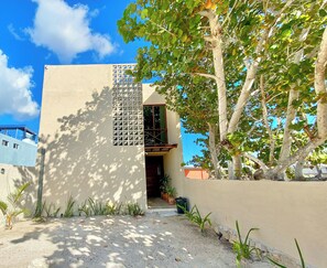 A modern building with a concrete facade, a small entrance, and a tree with green leaves. - Perfect beachfront 3-bedroom house with AC in tranquil Chelem (Chelem)