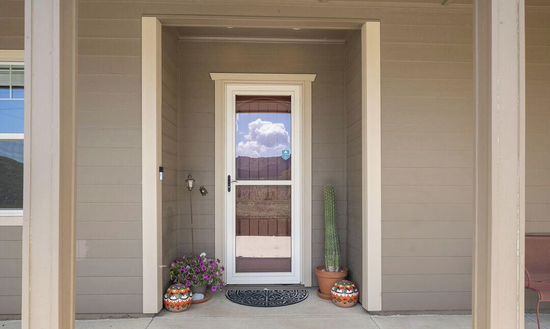 Une porte d’entrée avec une fenêtre, un cactus et des pots décoratifs.