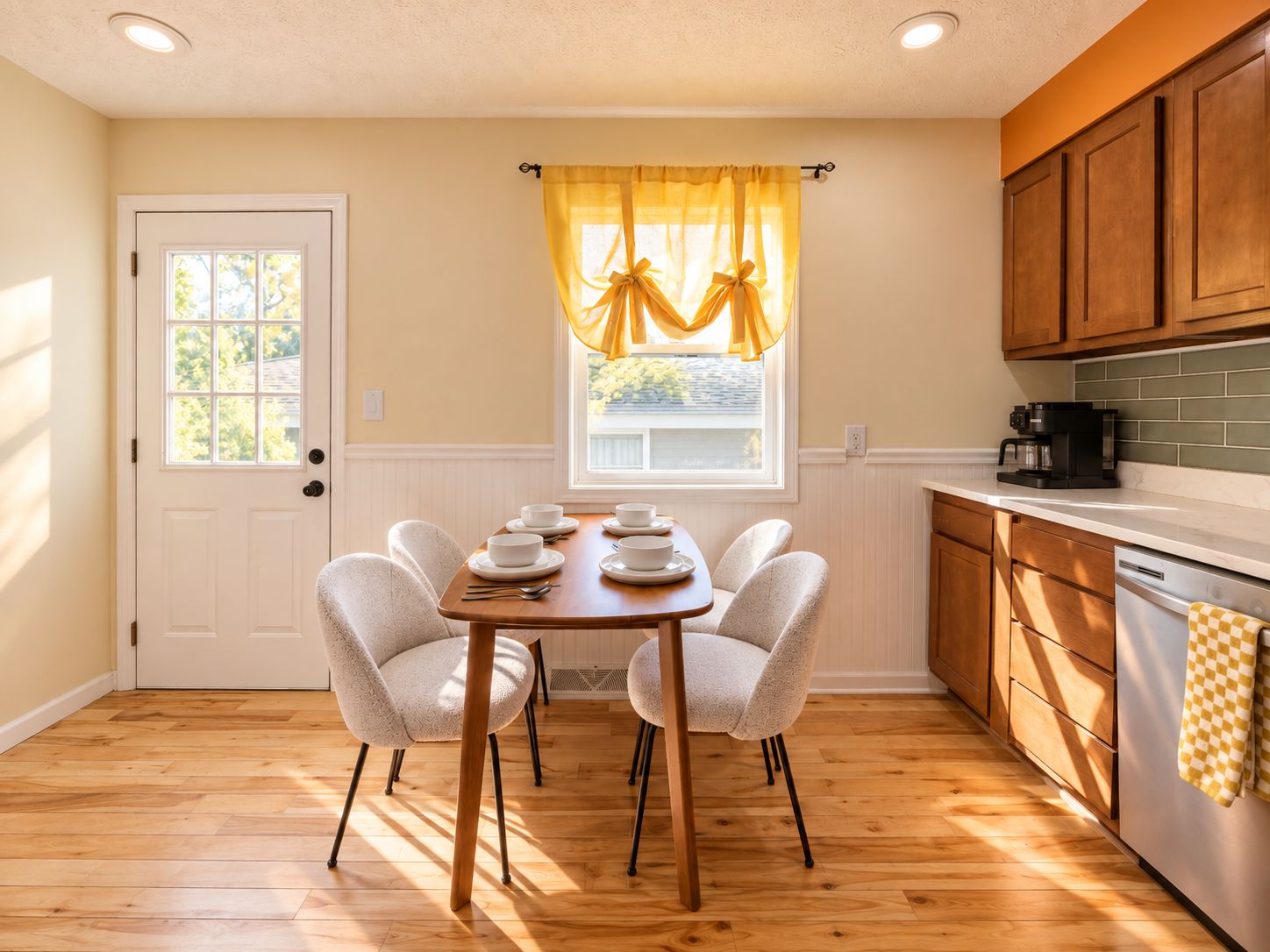 A dining area with a wooden table and chairs, a window with yellow curtains, and a kitchen with wooden cabinets and a coffee maker.