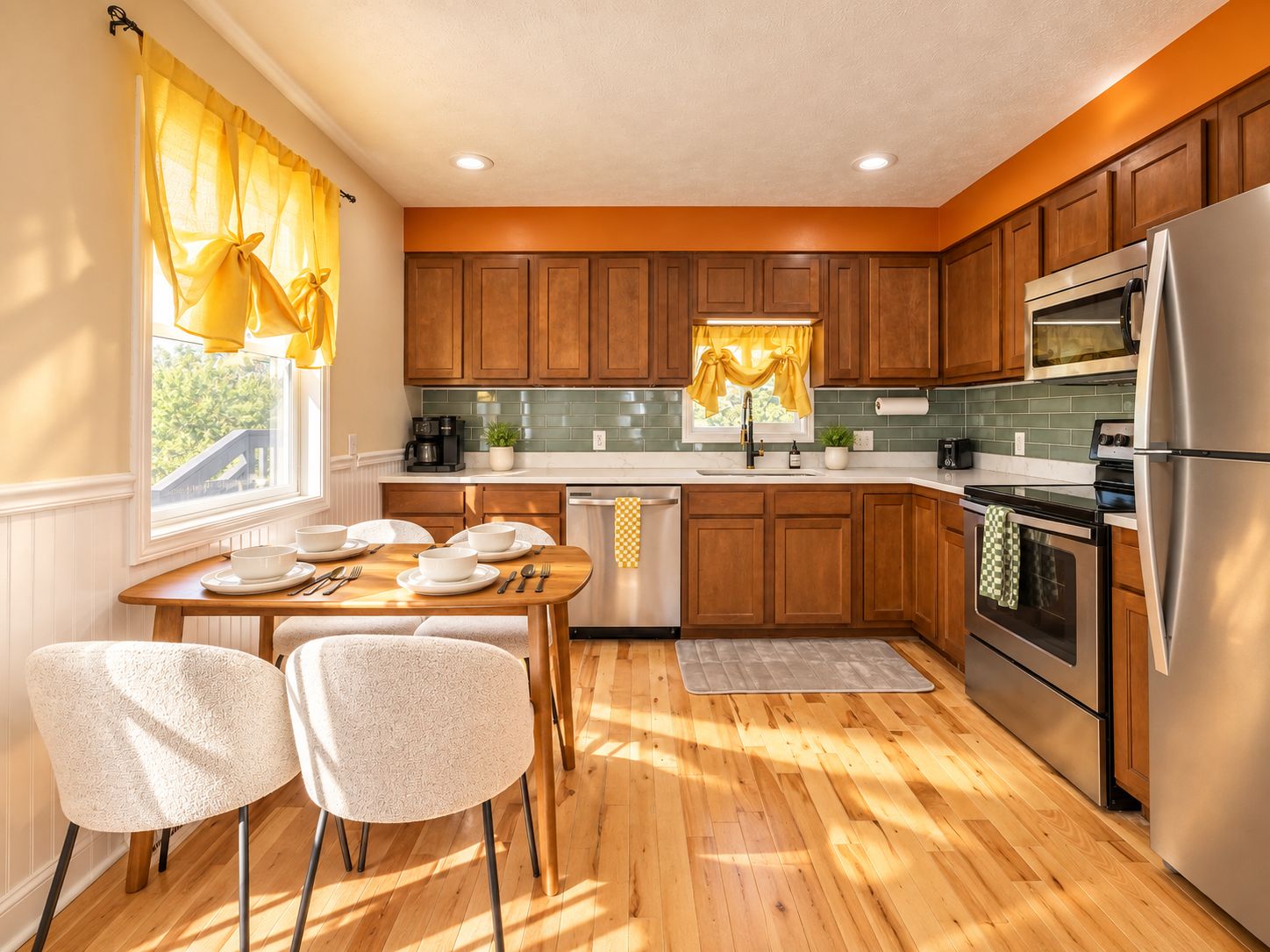 A modern kitchen with wooden cabinets, stainless steel appliances, and a dining area with two chairs.