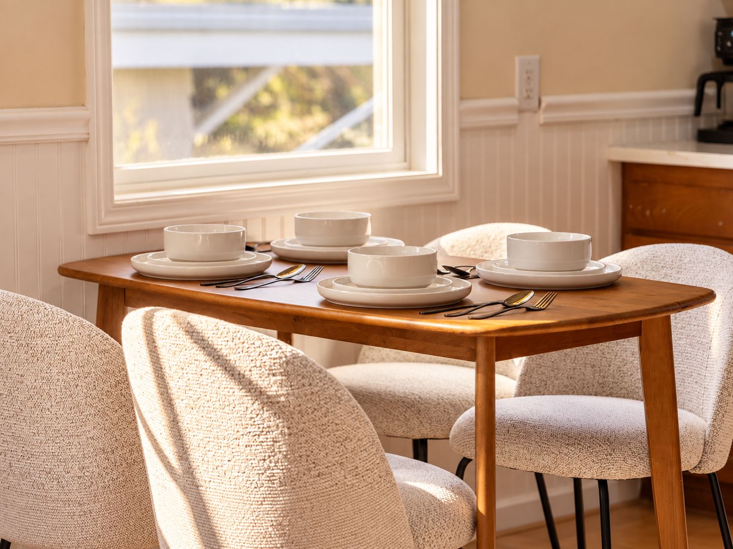 Een eettafel gedekt met witte borden en kommen, compleet met bestek, in een kamer met een raam en gestoffeerde stoelen.