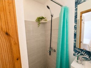 A bathroom with a shower, a sink, and a potted plant on a shelf. - Downtown Studio Walk to Beach, Restaurants & Bars (Sosúa)