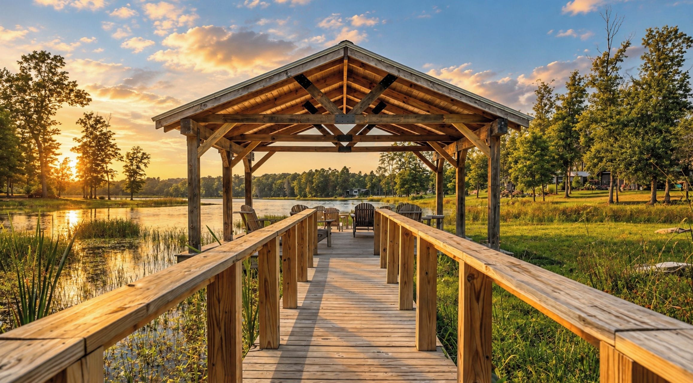 Ein hölzerner Pavillon mit Dach, ein Holzdeck, das zu ihm führt, und ein See im Hintergrund.
