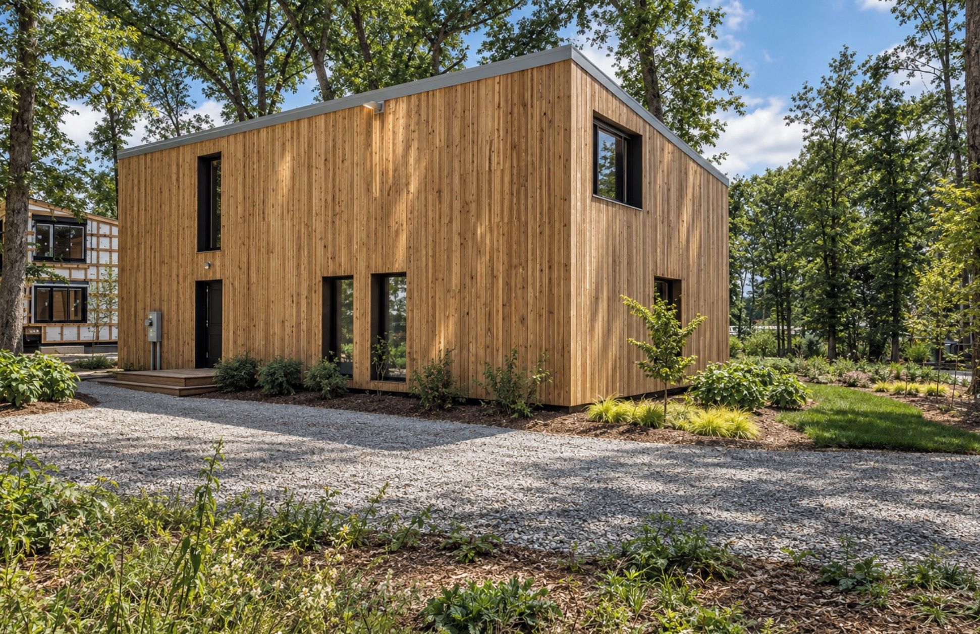 Een moderne houten chalet met een grindpad, omringd door begroeiing.
