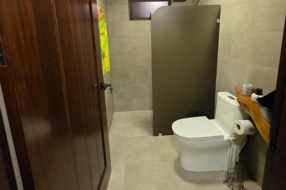 Kylpyhuone, jossa on wc, suihkukaappi ja puuovi.