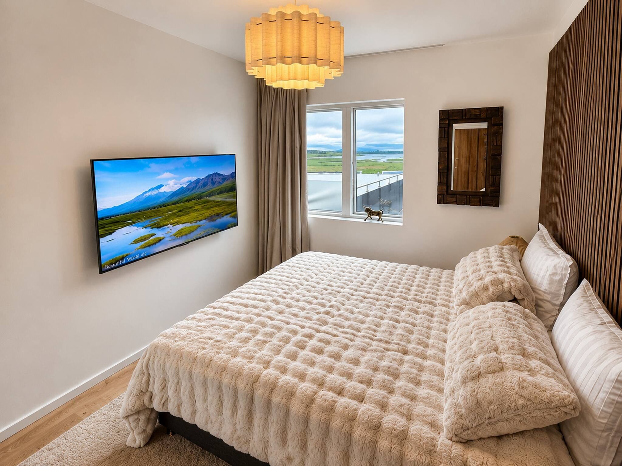 A bedroom with a large bed, a television mounted on the wall, a window with a view of a landscape, and a wooden headboard.