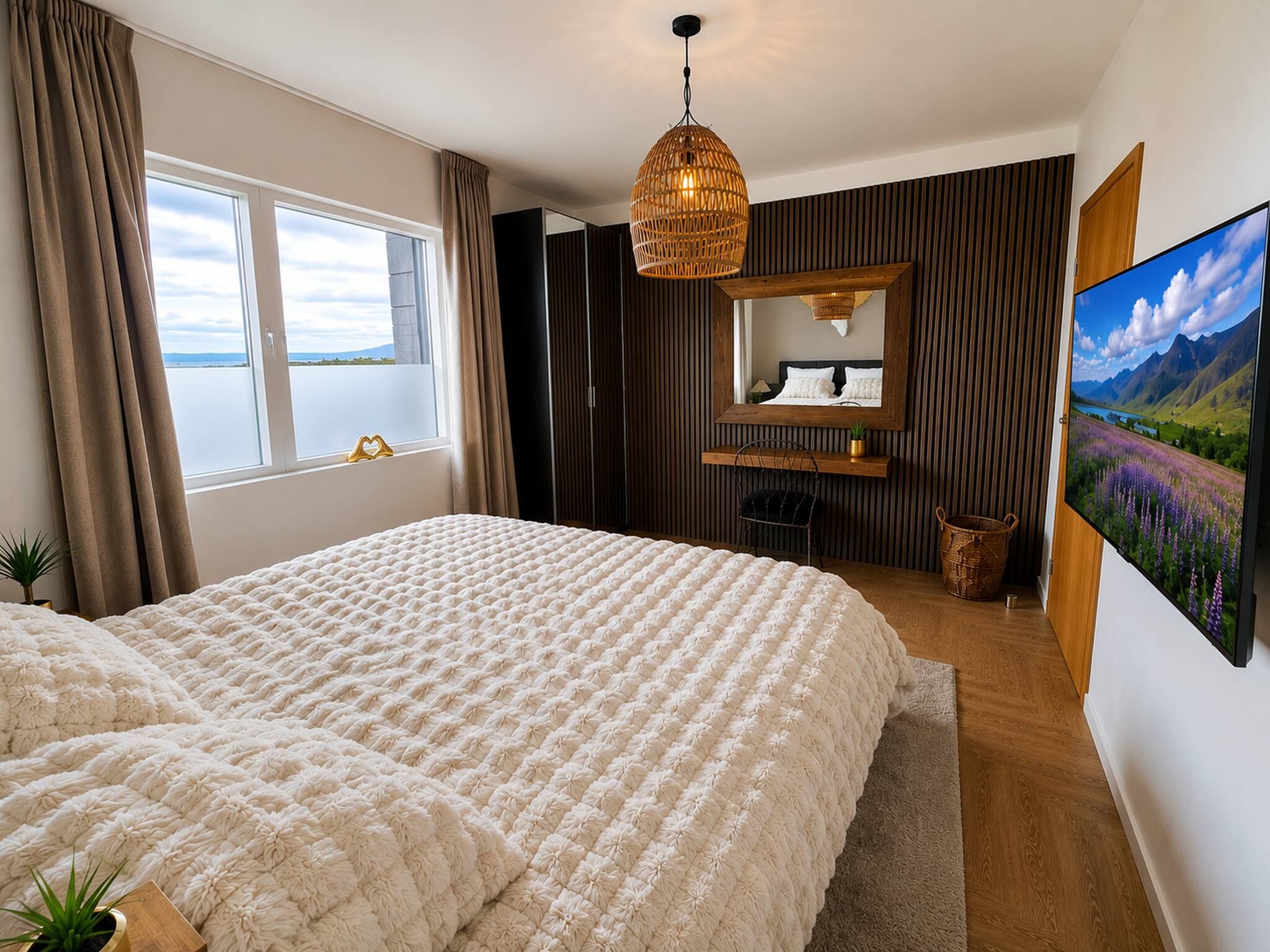 Ett sovrum med en stor säng, en hängande lampa, en spegel och en tv som visar ett landskap.