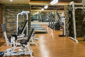 A gym with various exercise equipment, including treadmills and weight machines, arranged in a spacious layout. - Luxury 2 bedroom Villa (Park City)