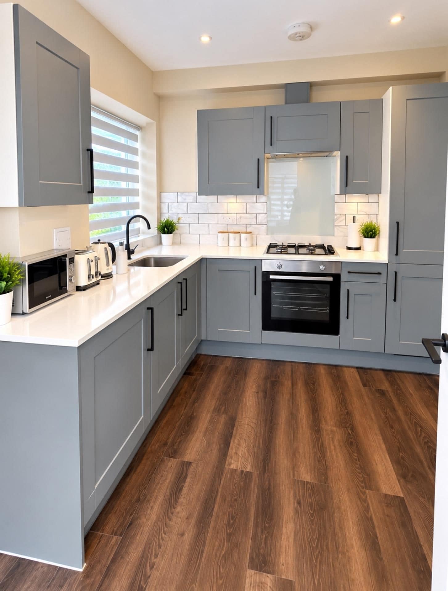 A modern kitchen with grey cabinets, a central island, a built-in oven, and a stainless steel range hood.