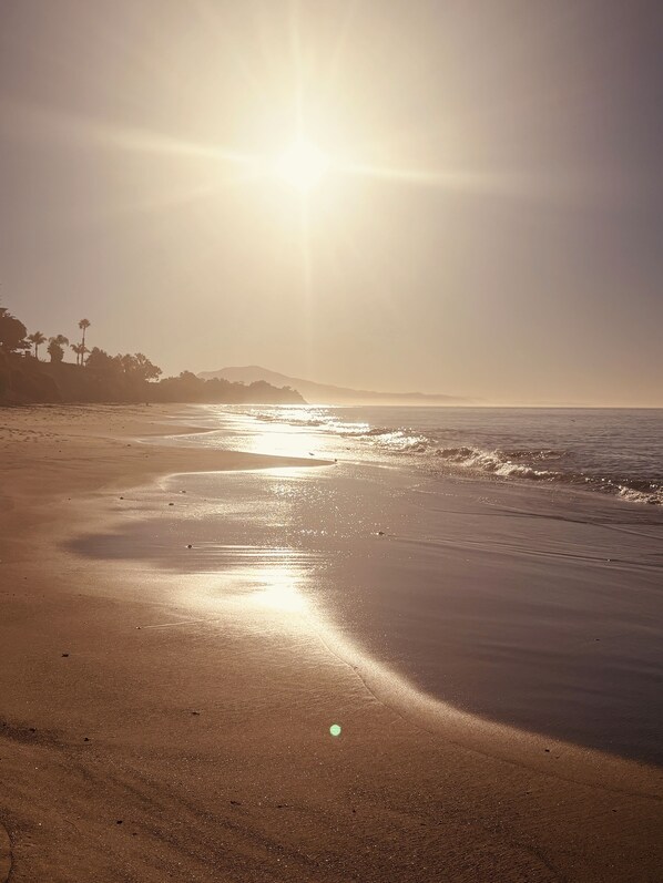 A beach with sunlight reflecting off the wet sand, palm trees, and a distant mountain range. - 5 minutes to the beach! The Hideaway on Lillie Ave. (Summerland)