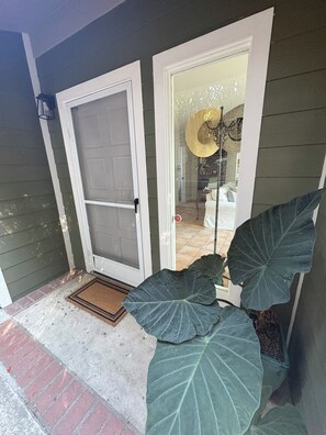A house entrance with a closed door, a large plant, and a visible interior through the glass door. - 5 minutes to the beach! The Hideaway on Lillie Ave. (Summerland)
