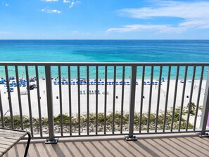 Balcony overlooking a turquoise beach - PCB Beach Escape, King, Bunks + 2 Full Baths, Summit Resort (Panama City Beach)