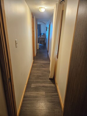 A narrow hallway with wooden flooring and a ceiling light.