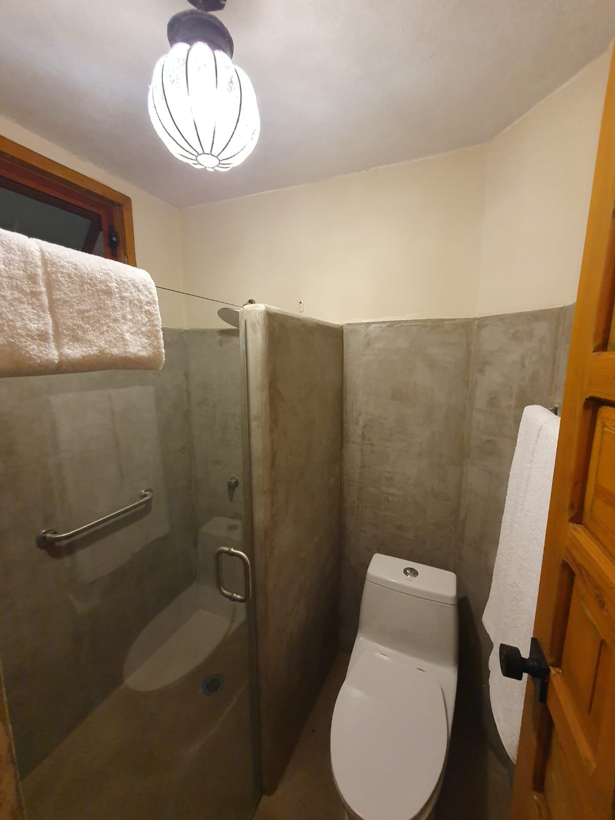 A bathroom with a shower, toilet, and a towel rack.