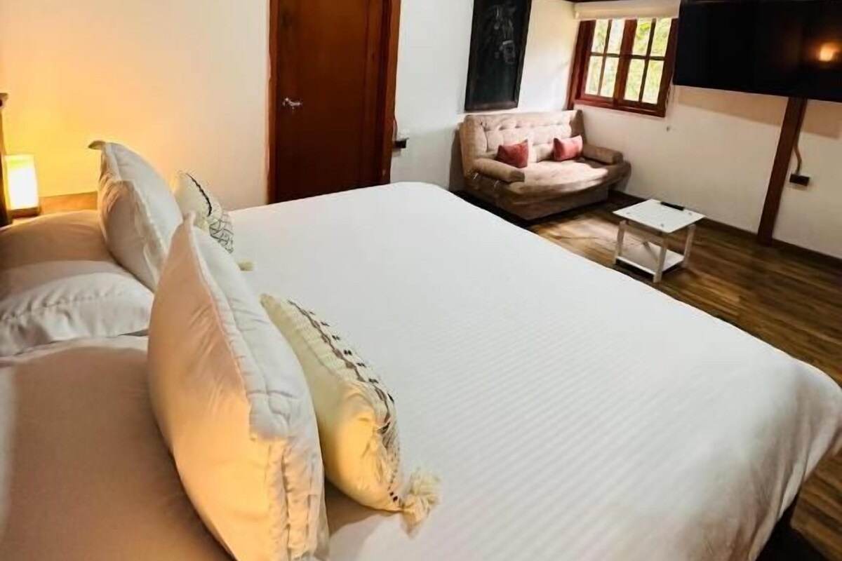 Una camera da letto con un letto grande, una sedia, una TV e un soffitto in legno.