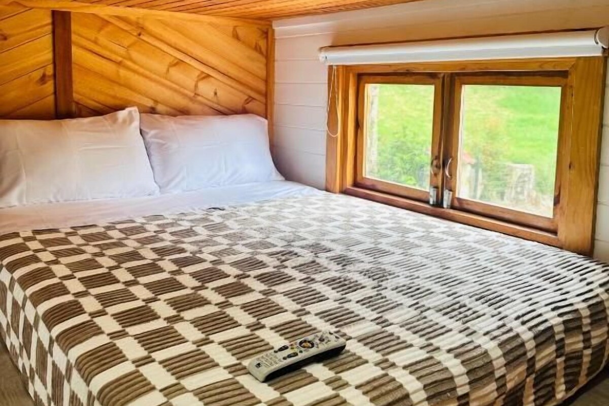 Una camera da letto con una coperta a quadri, un telecomando e una finestra vista sul verde.