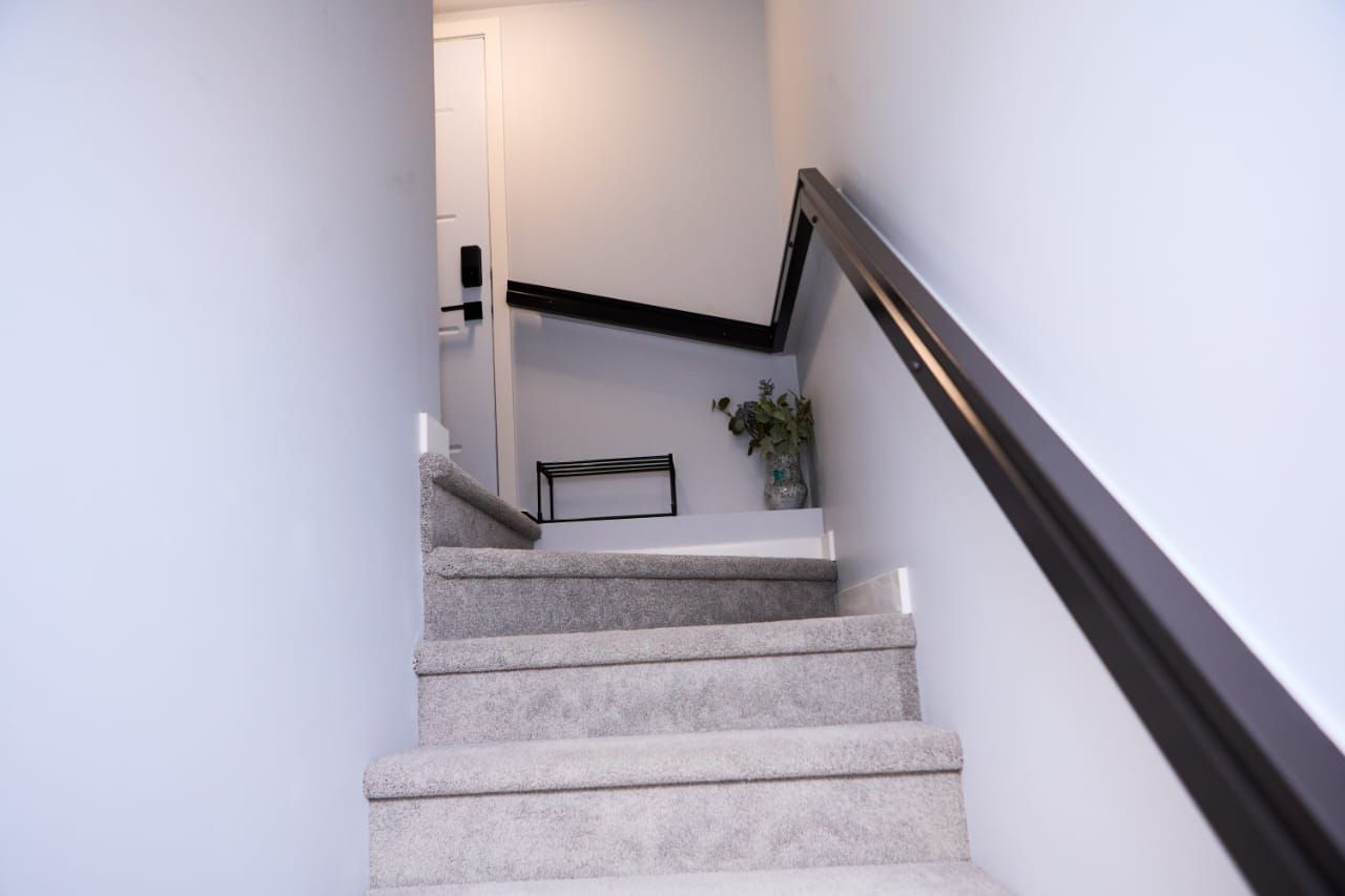 Ein Teppichgestecktes Treppenhaus mit schwarzer Handlauf, einer weißen Tür oben und einer kleinen Pflanze auf der Zwischenebene.