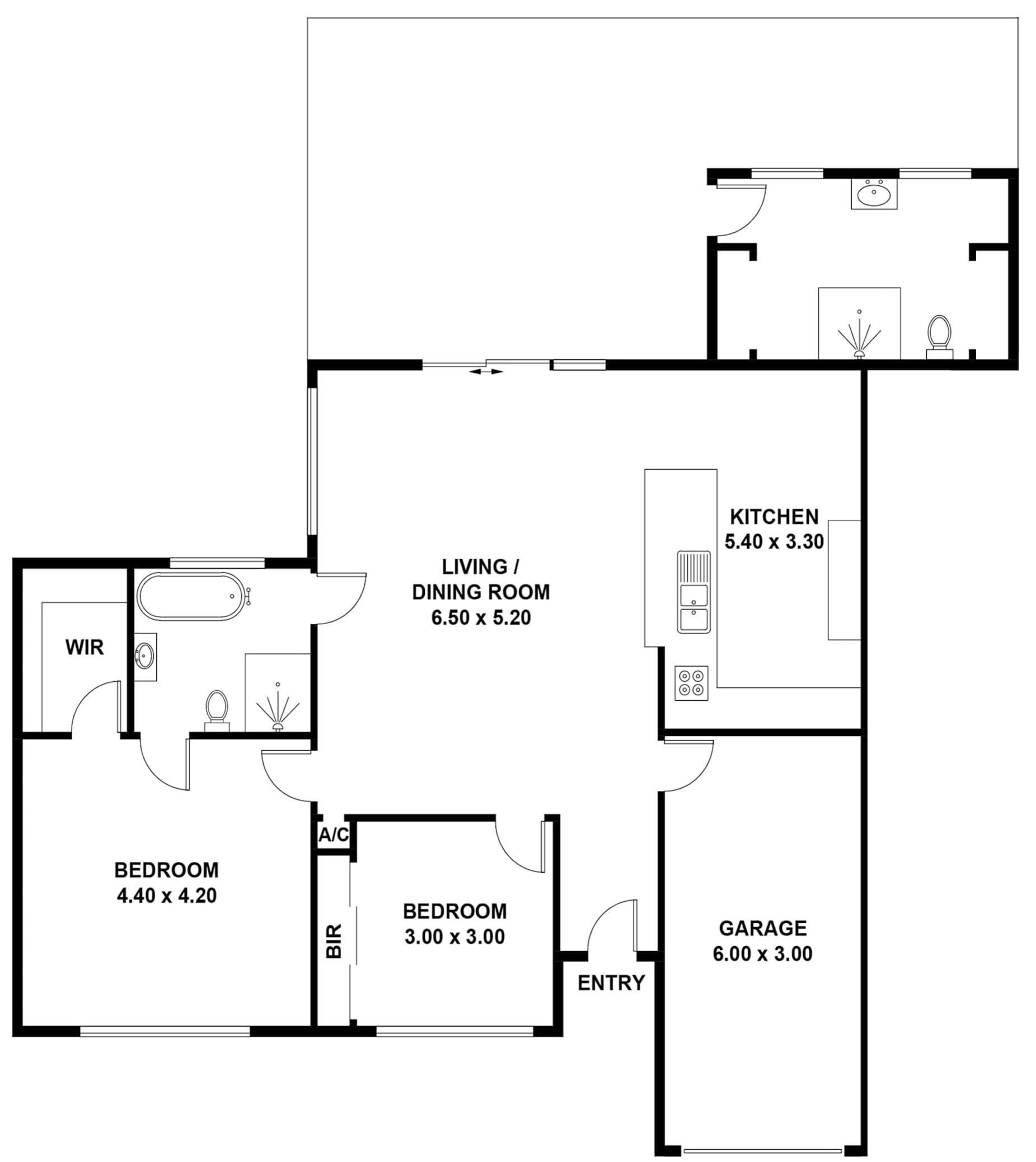 Ein Grundriss mit Wohn-/Esszimmer, Küche, zwei Schlafzimmern, einem Badezimmer und einer Garage.